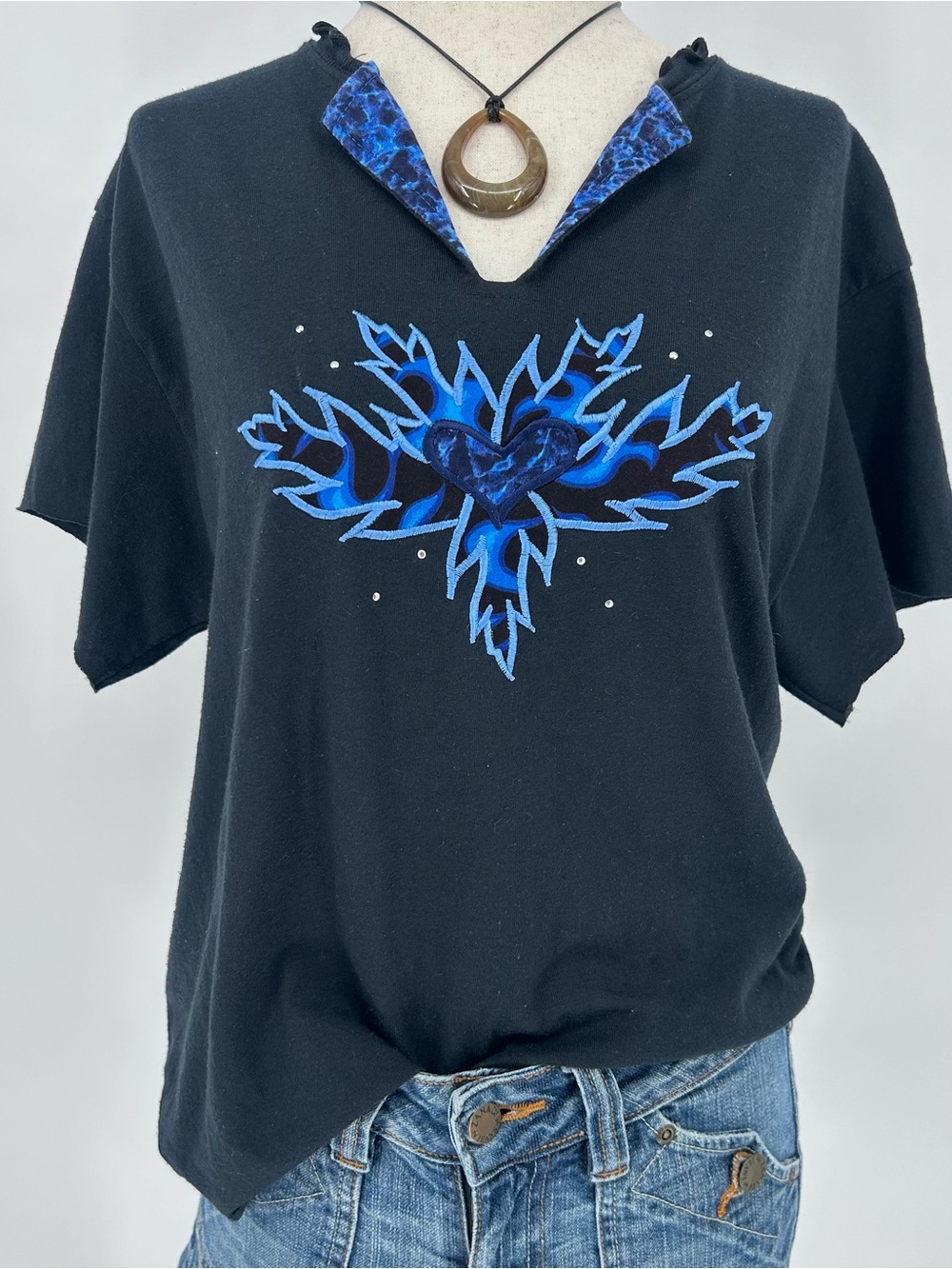 Upcycled Y2K Whimsygoth Blue Flame Heart Tee Distressed V Neck Fairy Top